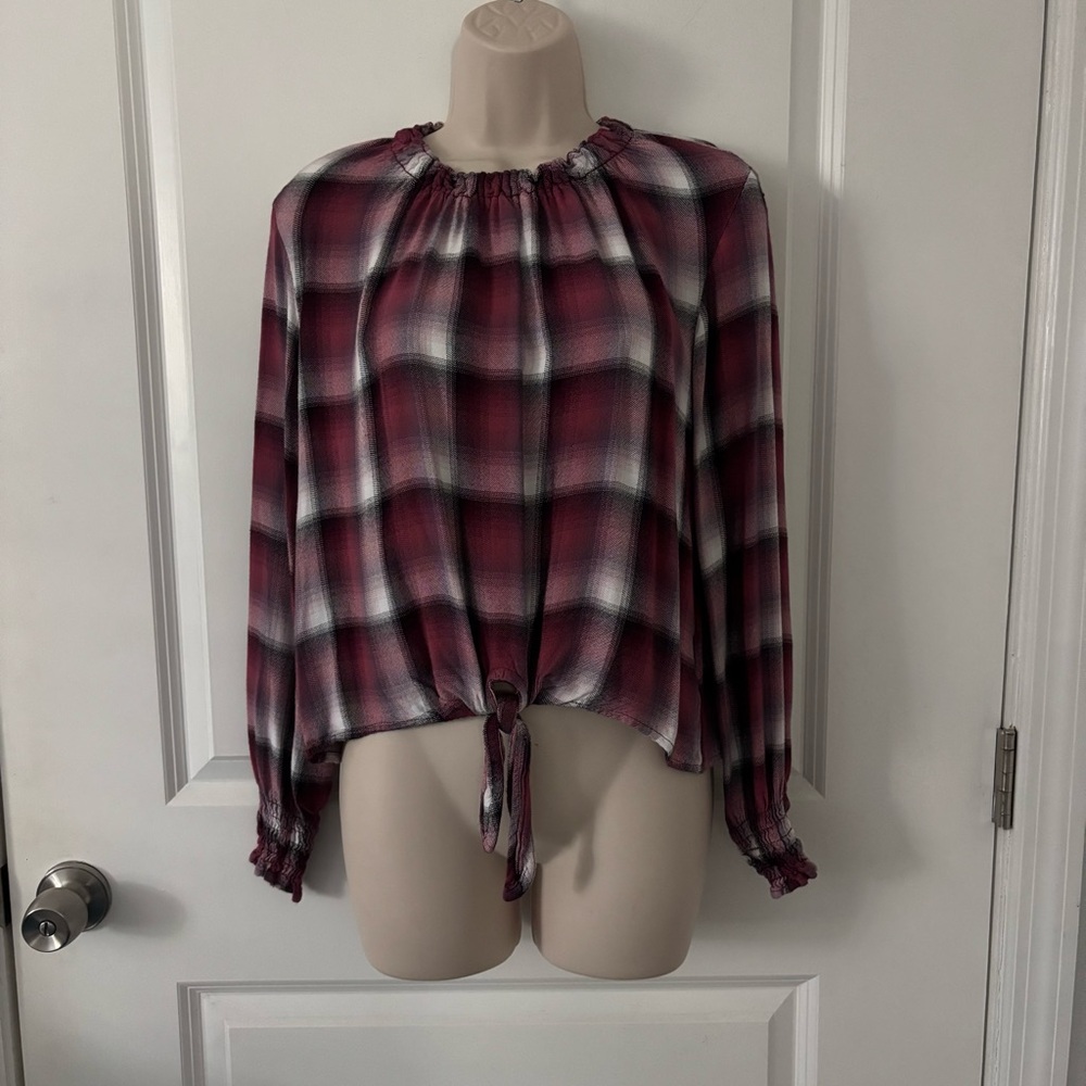 Bella Dahl Plaid Blouse - Burgundy and White